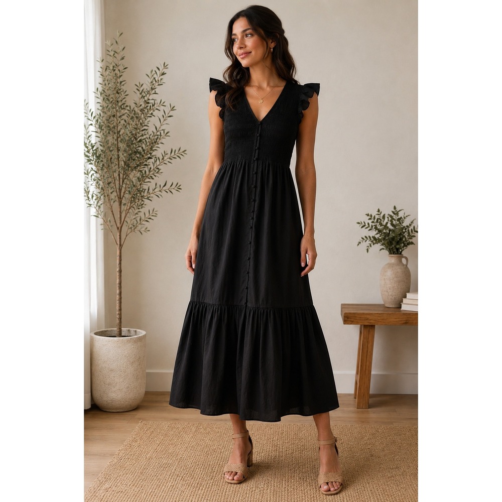 SUGARLIPS NWT Black 100% Cotton Smocked Button Front Tiered Maxi Dress Small